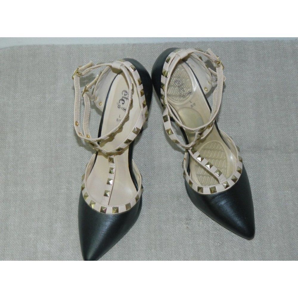 RUE 21 ETC Pointed Stiletto STRAPPY Heels Black Tan Studded Size 8/9